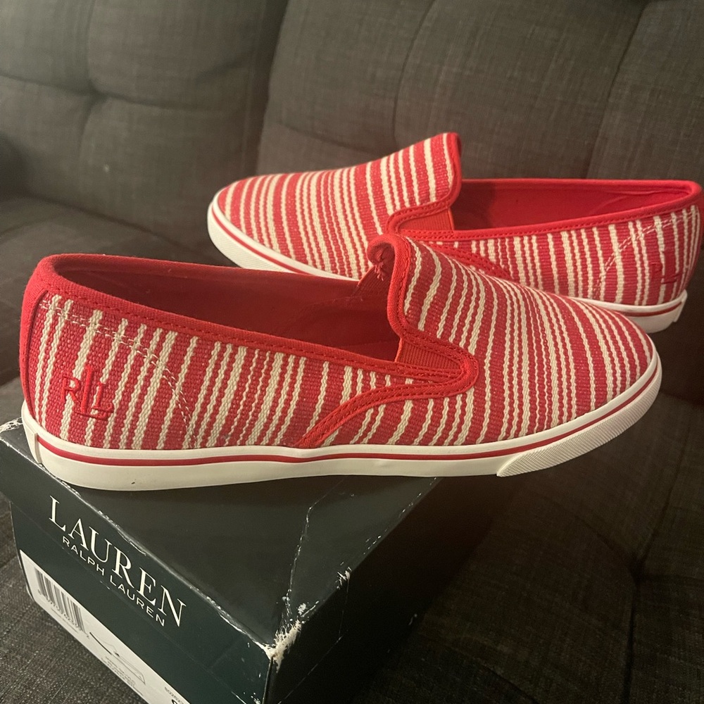 Ralph Lauren Janis Pull on Deauville Stripe Shoes Women’s size 9B Red/White
